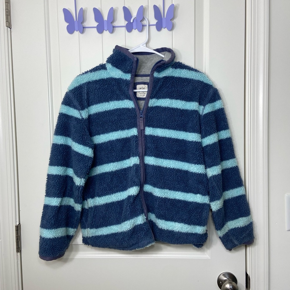 Mini Boden kid’s blue fuzzy warm striped full zip jacket sweatshirt coat 11-12 y